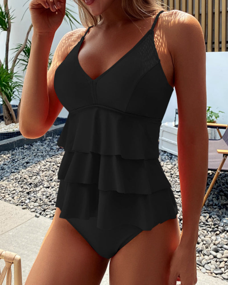Heidi-Mode | Tankini mit Gespaltenem Stil und Rüschen in Einfarbiger Farbe