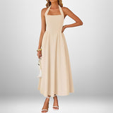 Joanna - Stilvolles Neckholder-Midikleid in Beige