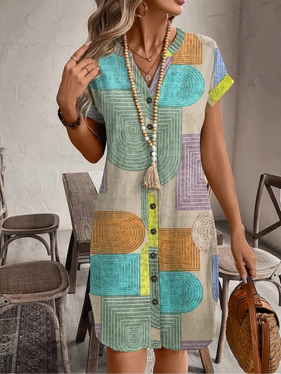 Evelyn | Women's Summer Geometric Print V-Neck Kleid mit Knöpfen