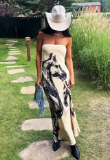 Damen Elegantes Maxi Trägerloses Kleid Mit Pferdeprint – Strapless Kleid in Weiß
