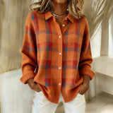 Damen Locker Geschnittener Knopfstrick Cardigan - Stilvolles Karo Design in Orange
