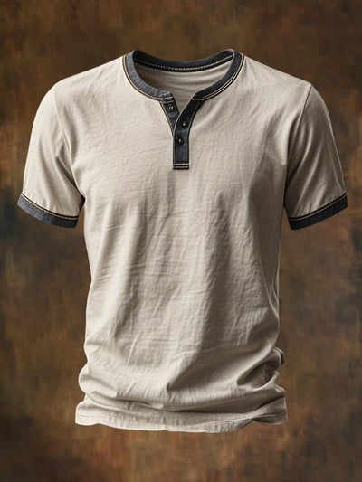 Herren Vintage T-Hemd Im Gebrauchter Look Mit Farbblock Und Henley Ausschnitt Kurzärmelig