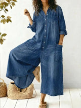 Damen Lässiger Weit Geschnittener Denim Jumpsuit – Bequeme Passform Outfit in Blau