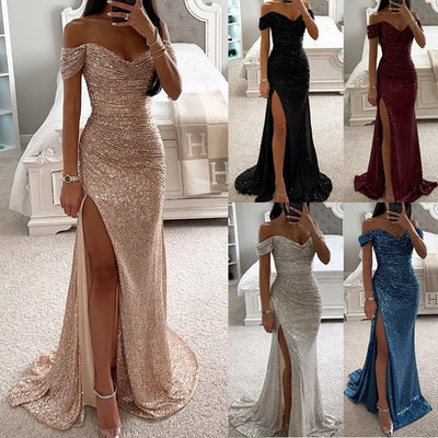Heidi-Mode | Abendkleid Damen Schulterfreies Glitzer Maxikleid mit Schlitz für Hochzeit & Fest