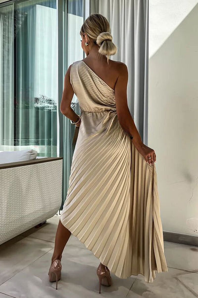 Heidi-Mode | Romantische Nächte Satin Erhabenes Blumen Elastisches Cutout Ein-Schulter Plissee Maxi Kleid