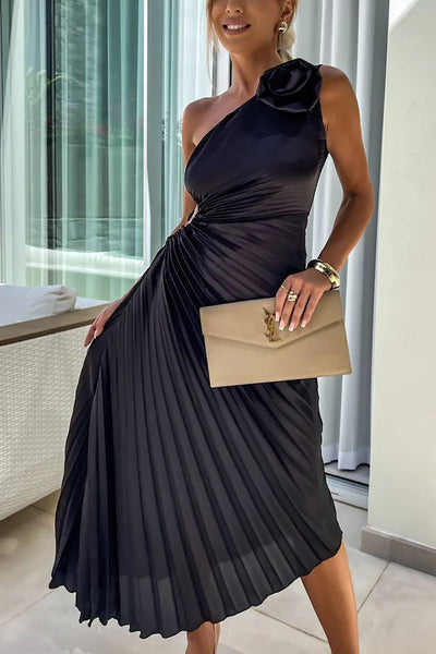 Heidi-Mode | Romantische Nächte Satin Erhabenes Blumen Elastisches Cutout Ein-Schulter Plissee Maxi Kleid