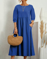 Midikleid mit Rundhalsausschnitt & Laternenärmeln – Selina in Blau