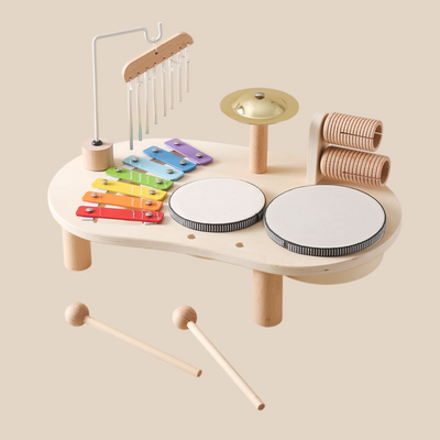 MelodyPlay Holzmusikspielzeug – All-in-One Pädagogisches Instrument für Kleinkinder mit Trommeln, Xylophon & Glocken