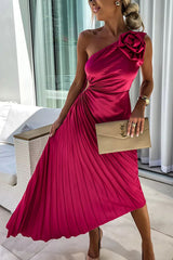 Damen Ein-Schulter Plissiertes Elegantes Kleid – Fließendes Abendkleid in Rot