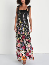 Damen Elegantes 3D Besticktes Blumen Maxikleid – Luxuriöses Abendkleid in Schwarz