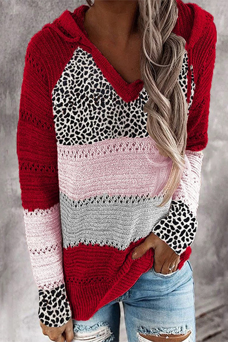 Strickpullover mit Leoparden- und Streifenmuster | Kapuzen-Design | Müheloser Stil