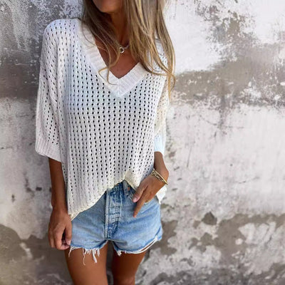 Leichter Strickpullover | Lochmuster & V-Ausschnitt | Lässige Passform