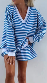 Damen V-Ausschnitt Gestreiftes Langarm Zweiteiler Set – Lässiges Outfit in Blaustreifen