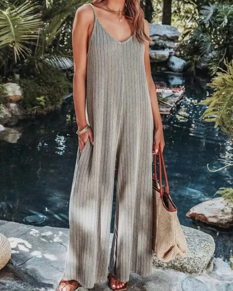 Damen Ärmelloser Gerippter Jumpsuit | Weites Bein