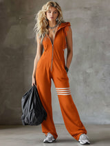 Damen Ärmelloser Langer Jumpsuit - Hoodie Gestreiftes Casual Outfit in Orange
