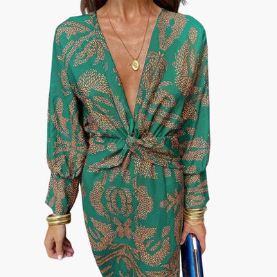 Midikleid für Damen - Blumenmuster, Langarm & V-Ausschnitt