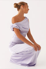 Damen Einfarbiges Maxikleid Mit Asymmetrischem Ausschnitt – Abendkleid in Lila
