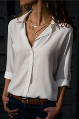 Damen nan lässige Viskose-Chiffon Bluse mit V-Ausschnitt und Umschlagärmeln Drune in Weiß