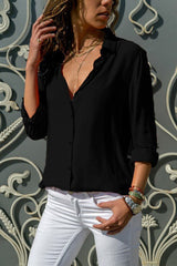 Damen nan lässige Viskose-Chiffon Bluse mit V-Ausschnitt und Umschlagärmeln Drune in Schwarz