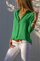 Damen nan lässige Viskose-Chiffon Bluse mit V-Ausschnitt und Umschlagärmeln Drune in Grün
