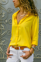 Damen nan lässige Viskose-Chiffon Bluse mit V-Ausschnitt und Umschlagärmeln Drune in Gelb