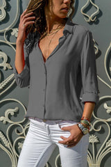 Damen nan lässige Viskose-Chiffon Bluse mit V-Ausschnitt und Umschlagärmeln Drune in Grau