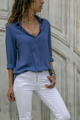 Damen nan lässige Viskose-Chiffon Bluse mit V-Ausschnitt und Umschlagärmeln Drune in Blau