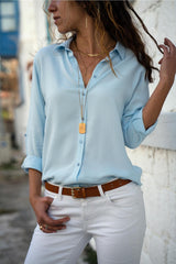 Damen nan lässige Viskose-Chiffon Bluse mit V-Ausschnitt und Umschlagärmeln Drune in Hellblau
