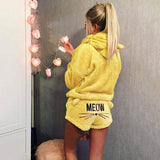 Damen nan kuscheliges zweiteiliges Lounge-Set mit Kapuzenpullover und Shorts mit MEOW-Stickerei Drune in Gelb
