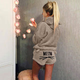Damen nan kuscheliges zweiteiliges Lounge-Set mit Kapuzenpullover und Shorts mit MEOW-Stickerei Drune in Khaki