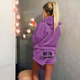 Damen nan kuscheliges zweiteiliges Lounge-Set mit Kapuzenpullover und Shorts mit MEOW-Stickerei Drune in Violett