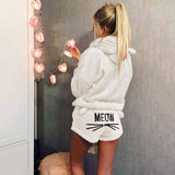 Damen nan kuscheliges zweiteiliges Lounge-Set mit Kapuzenpullover und Shorts mit MEOW-Stickerei Drune in Cremeweiß