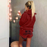 Damen nan kuscheliges zweiteiliges Lounge-Set mit Kapuzenpullover und Shorts mit MEOW-Stickerei Drune in Weinrot