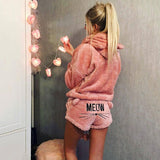 Damen nan kuscheliges zweiteiliges Lounge-Set mit Kapuzenpullover und Shorts mit MEOW-Stickerei Drune in Rosa