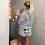 Damen nan kuscheliges zweiteiliges Lounge-Set mit Kapuzenpullover und Shorts mit MEOW-Stickerei Drune in Grau