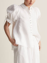 Damen Bluse Mit Puffärmeln Und Kordelzug Kurzarm Mit Knöpfen – Elegantes Top in Weiß