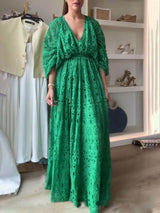 Damen V-Ausschnitt Oversize Maxi Spitzenkleid Mit Geraffter Taille – Elegantes Fließendes Kleid in Grün