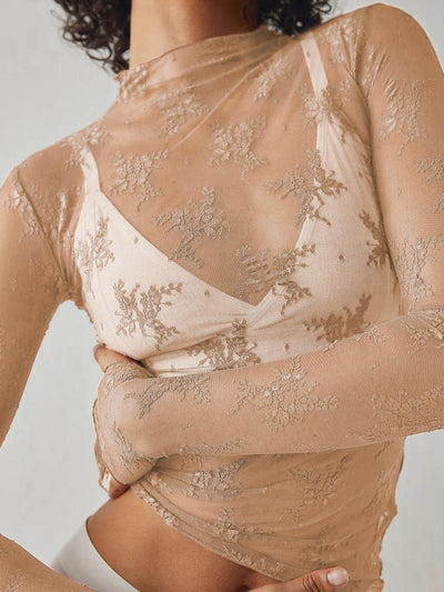Damen Floral Spitze Daumenloch Sheer Tee