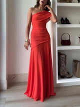 Asymmetrisches Damenkleid Lang mit Raffung für Abend in Rosa
