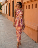 Asymmetrisches One-Shoulder Midikleid Damen Sommer in Rotorange