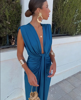 Aurélie | Elegantes langes Damenkleid mit Drapierung und Schlitz in Blau