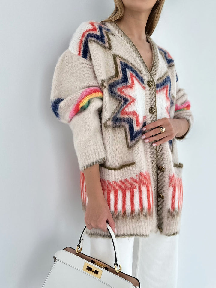 Boho Strick-Cardigan | Oversize-Schnitt & Ethno-Muster | Lässig & Trendy