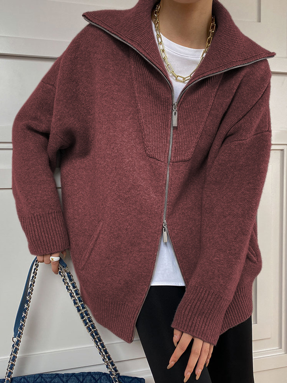 Oversized-Strickjacke mit Reißverschluss | Hoher Kragen | Lässiger Komfort