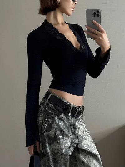 Langarm-Shirt mit Spitzen-Detail | Weiche Viskose | Feminin & Verführerisch