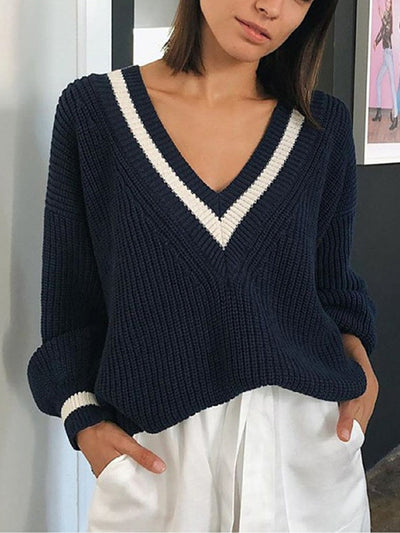 Strickpullover mit V-Ausschnitt | Kontraststreifen | Lässiger Chic