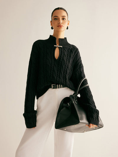 Kabelstrick-Pullover | Keyhole-Detail & Metallverschluss | Modern & Elegant