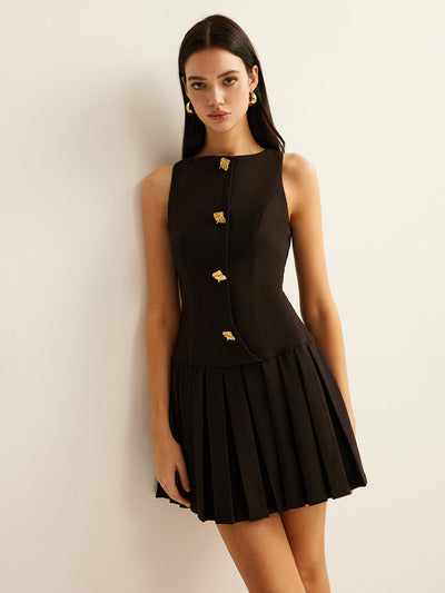 Elegantes Ärmelloses Mini-Kleid mit Falten und Metallknöpfen