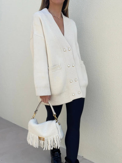 Strick-Cardigan mit Perlen Knopf | Oversized-Look | Zeitlose Eleganz