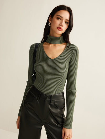 Gerippter Strickpullover | Cut-Out Kragen | Moderner & Eleganter