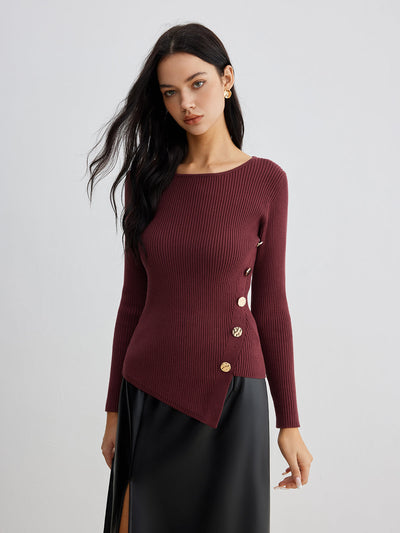 Gerippter Strickpullover | Asymmetrischer Saum | Elegante Knopfdetails